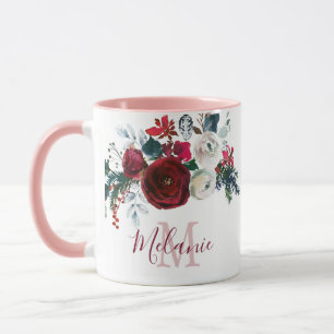Burgundy White Rose Floral Pine Mit Monogramm Tasse