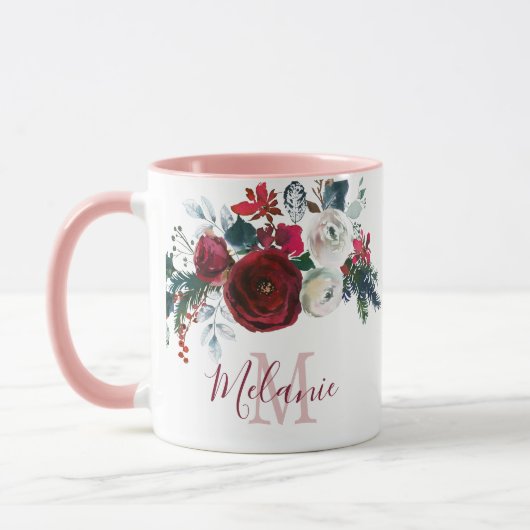 Burgundy White Rose Floral Pine Mit Monogramm Tasse (Links)