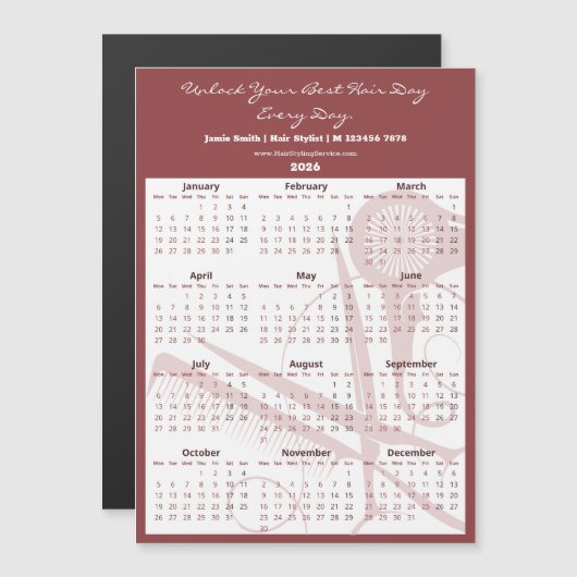 Burgundy White Salon Tools 2026 Calendar Magnet (Vorne/Hinten)
