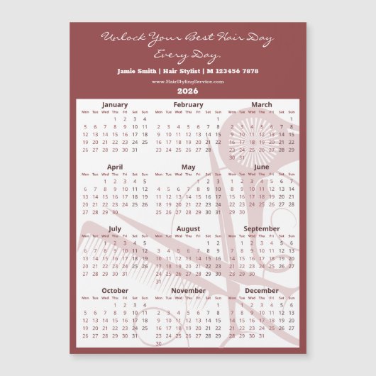 Burgundy White Salon Tools 2026 Calendar Magnet (Vorderseite)