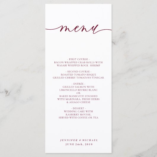 Burgundy White Simple Script Wedding Dinner Menükarte (Vorderseite)