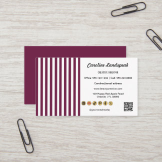 Burgundy White Stripes  QR Code Social Media Icons Visitenkarte