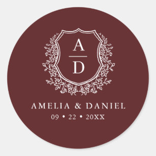 Burgundy White Wappen Moderne Monogram Wedding Runder Aufkleber