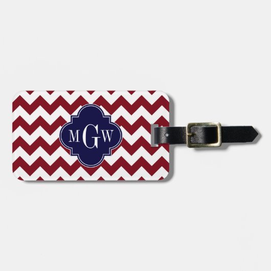 Burgundy Wht Zickzack Navy Blue 3 Initial Monogram Gepäckanhänger (Vorderseite horizontal)