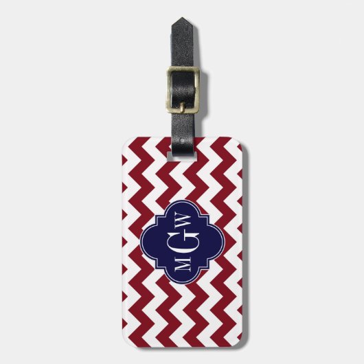 Burgundy Wht Zickzack Navy Blue 3 Initial Monogram Gepäckanhänger (Vorderseite vertikal)
