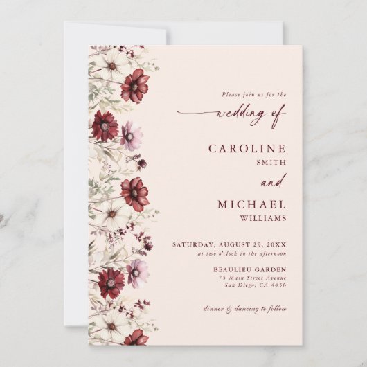 Burgundy Wildblume QR Code Wedding Einladung (Vorderseite)