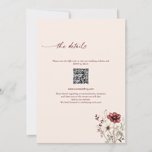 Burgundy Wildblume QR Code Wedding Einladung (Rückseite)