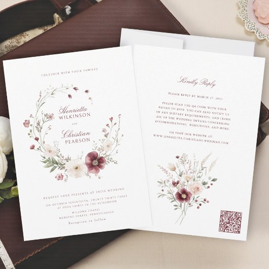 Burgundy Wildflower All-in-One Wedding Invite Einladung