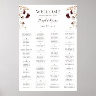Burgundy Wildflower Alphabetical Seating Chart Poster