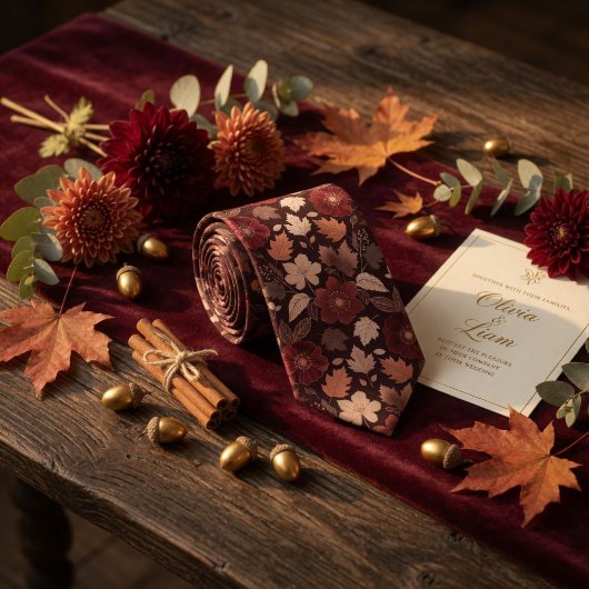 Burgundy Wildflower & Autumn Leaves Rich Copper Krawatte