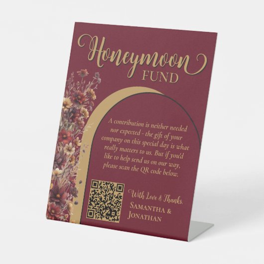 Burgundy Wildflowers Honeymoon Fund QR Code Sockelschild (Vorderseite)