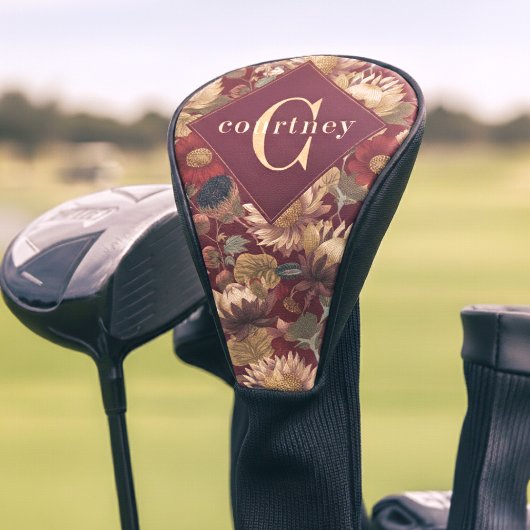 Burgundy William Morris Floral Elegant Monogram  Golf Headcover