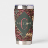 Burgundy William Morris Floral Elegant Monogram Thermobecher (Vorderseite)