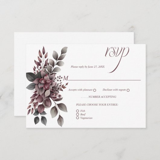 Burgundy Wine and Sage Floral | RSVP Karte (Vorne/Hinten)