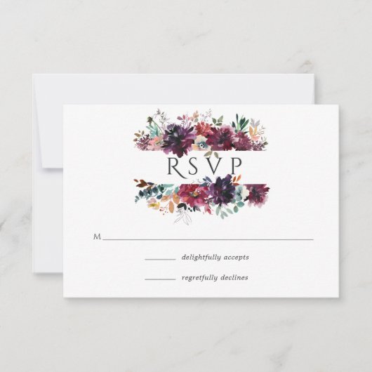 Burgundy Wine Boho Floral Wedding RSVP Karte (Vorderseite)