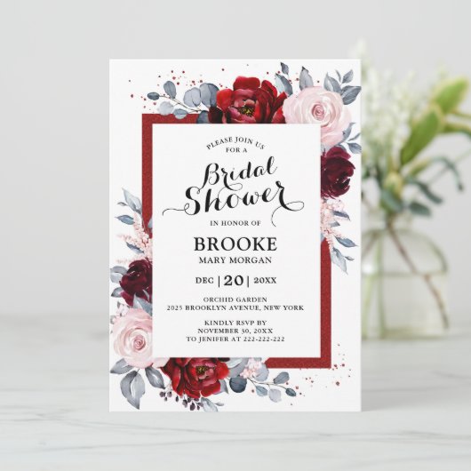 Burgundy Wine Dusty Blue Slate Brautparty Einladung (Stehend Vorderseite)