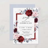 Burgundy Wine Dusty Blue Slate Floral Wedding RSVP Karte (Vorne/Hinten)