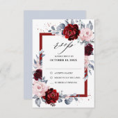 Burgundy Wine Dusty Blue Slate Floral Wedding RSVP Karte (Vorne/Hinten)