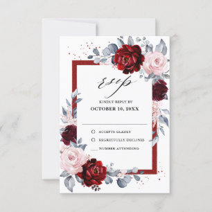 Burgundy Wine Dusty Blue Slate Floral Wedding RSVP Karte
