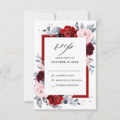 Burgundy Wine Dusty Blue Slate Floral Wedding RSVP Karte (Vorderseite)