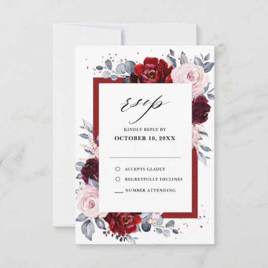 Burgundy Wine Dusty Blue Slate Floral Wedding RSVP Karte (Vorderseite)