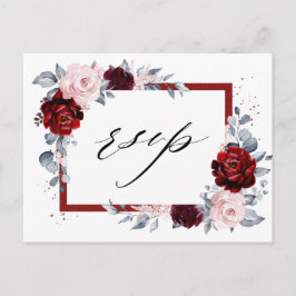 Burgundy Wine Dusty Blue Slate Floral Wedding RSVP Postkarte