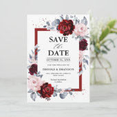Burgundy Wine Dusty Blue Slate Save the Date (Stehend Vorderseite)