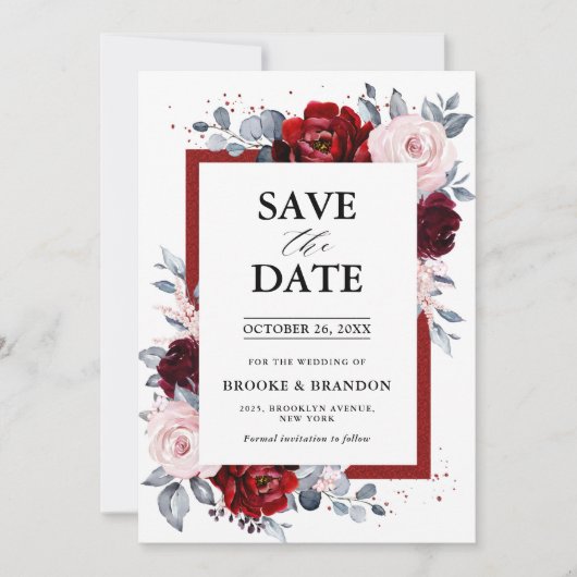 Burgundy Wine Dusty Blue Slate Save the Date (Vorderseite)