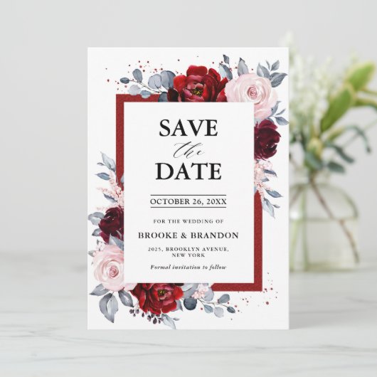Burgundy Wine Dusty Blue Slate Save the Date (Stehend Vorderseite)