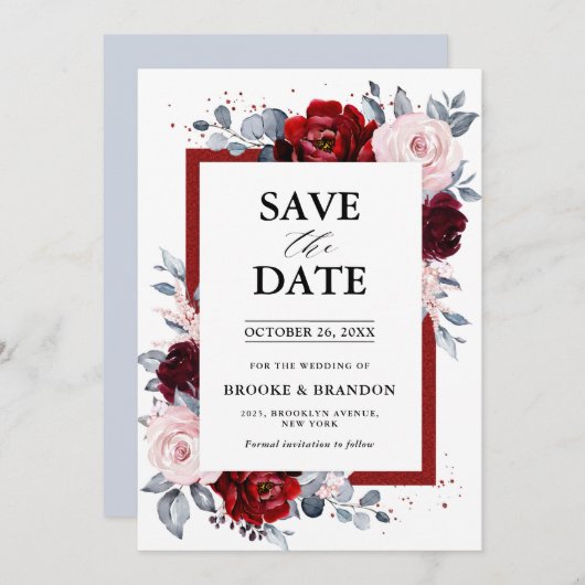 Burgundy Wine Dusty Blue Slate Save the Date (Vorne/Hinten)