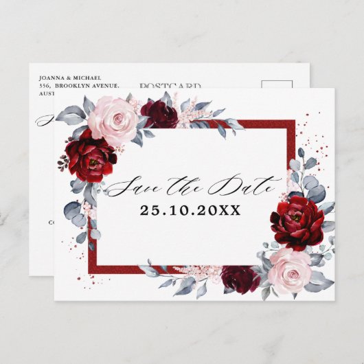 Burgundy Wine Dusty Blue Slate Save the Date Postkarte (Vorne/Hinten)