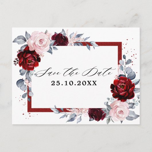 Burgundy Wine Dusty Blue Slate Save the Date Postkarte (Vorderseite)