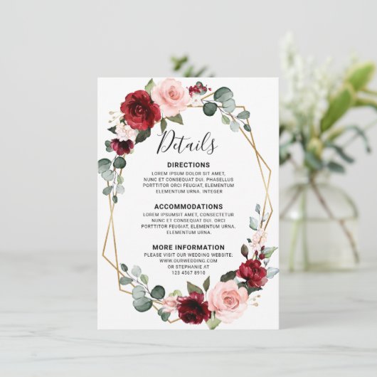 Burgundy Wine Dusty Blue Slate Wedding Details Begleitkarte (Stehend Vorderseite)