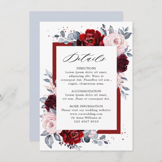 Burgundy Wine Dusty Blue Slate Wedding Details Begleitkarte (Vorne/Hinten)