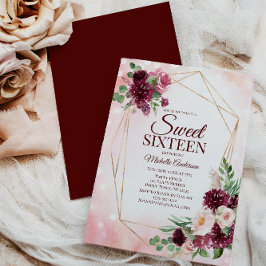 Burgundy Wine Gold Boho Aquarell Blumensüß 16 Einladung