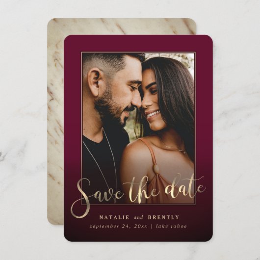 Burgundy Wine Gold Script & Marble Foto Overlay Save The Date (Vorne/Hinten)