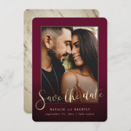Burgundy Wine Gold Script & Marble Foto Overlay Save The Date