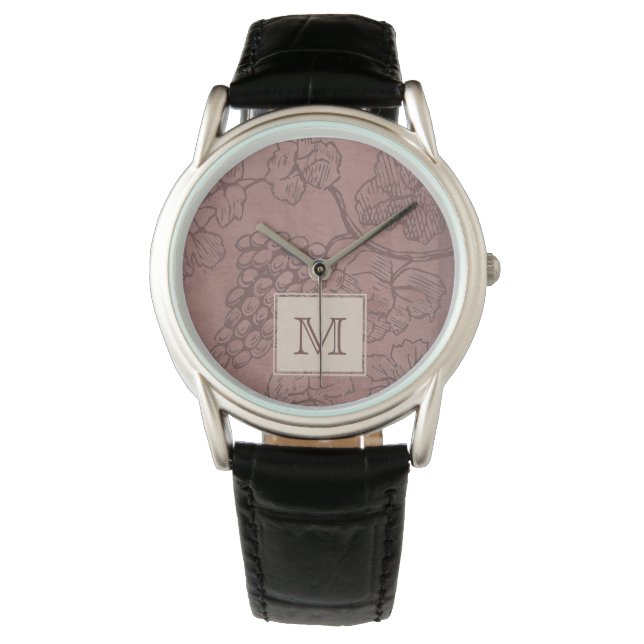 Burgundy Wine Grapevine Monogram Armbanduhr (Vorderseite)