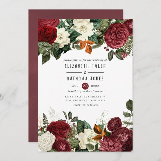 Burgundy Wine Red Floral Wedding Einladung (Vorne/Hinten)