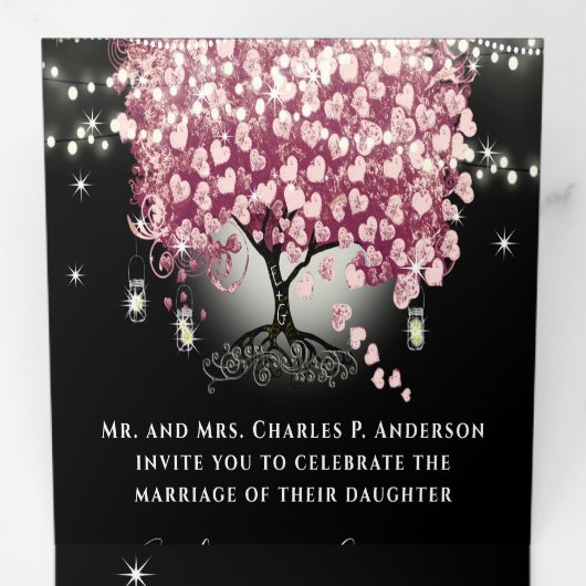 Burgundy Wine Red & Pink Heart Leaf Tree Wedding Dreifach Gefaltete Einladung (Innen Erste Seite)