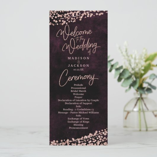 Burgundy Wine Rose Gold Confetti Wedding Program Programm (Stehend Vorderseite)