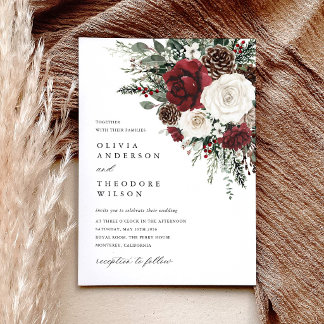 Burgundy Winter Floral Elegant Wedding Einladung