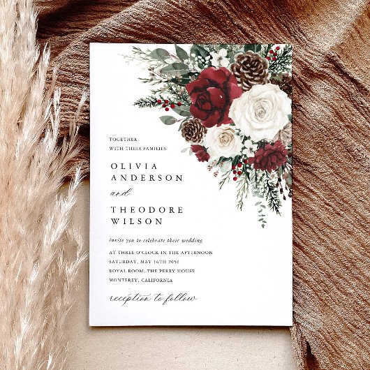 Burgundy Winter Floral Elegant Wedding Einladung