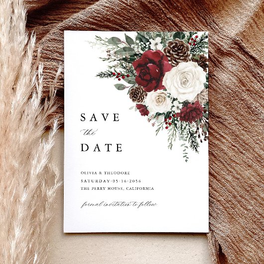 Burgundy Winter Floral Elegant Wedding Save The Date