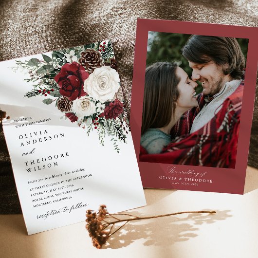 Burgundy Winter Floral Photo Back Wedding Einladung