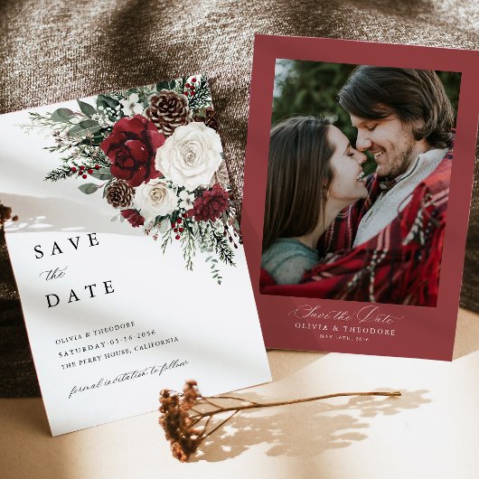 Burgundy Winter Floral Photo Back Wedding Save The Date