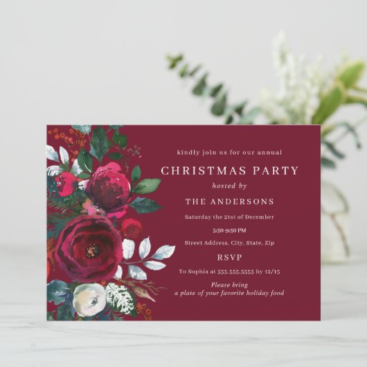 Burgundy Winter Foliage Weihnachtsfest-Party Einladung (Stehend Vorderseite)