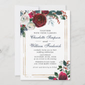 Burgundy Winter Rose Foliage Watercolor Hochzeit Einladung (Vorderseite)