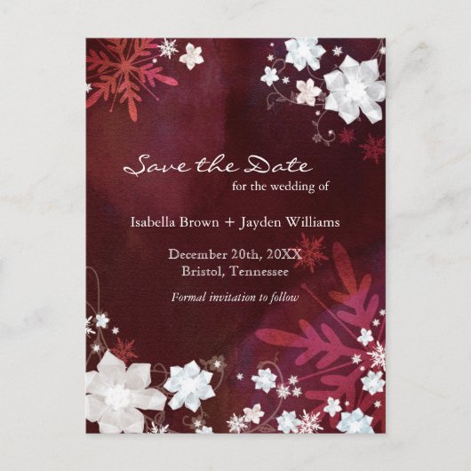 Burgundy Winter Wedding Save the Date Ankündigungspostkarte (Vorderseite)