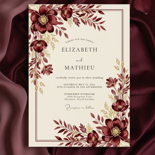 Burgundy Wintry Floral Wedding Einladung